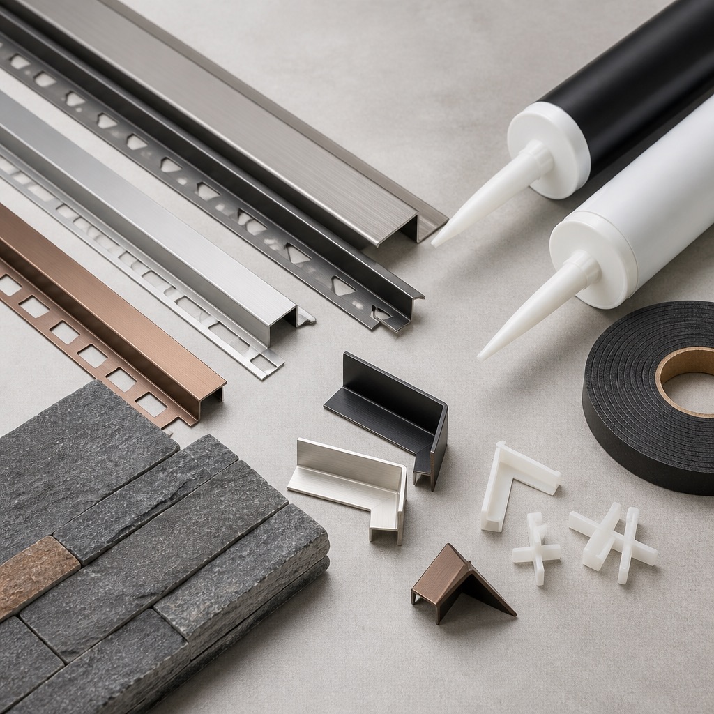 Neutral-cure ASTM C920 elastomeric sealant cartridge, closed-cell isolation tape, joint spacers, and anodized edge profiles staged beside cleft flexible stone