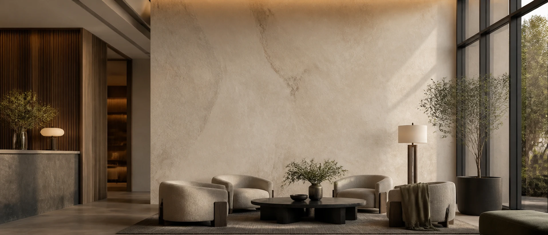 Warm flexible stone feature wall in a contemporary hospitality lounge