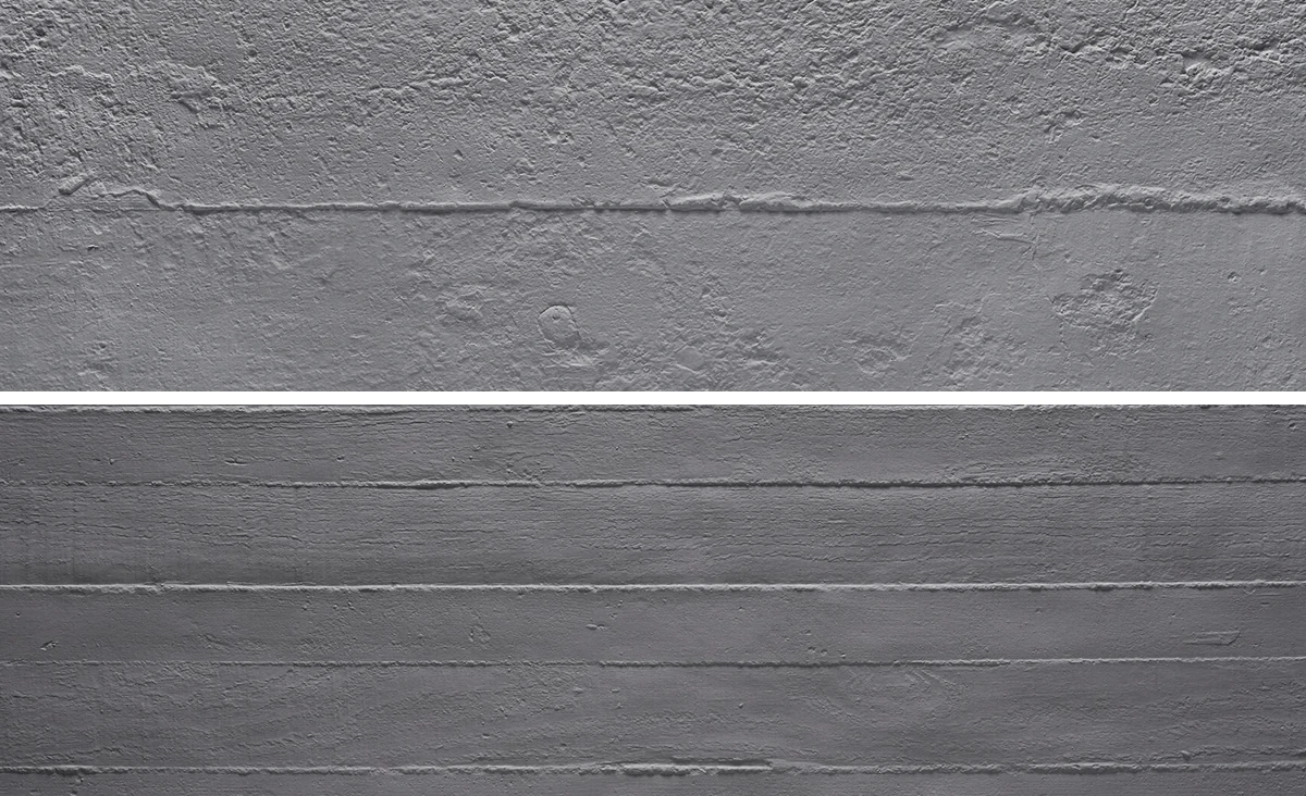 Cast Concrete above Wood Cement Panel, showing irregular broad marks and more regular horizontal board-like lines