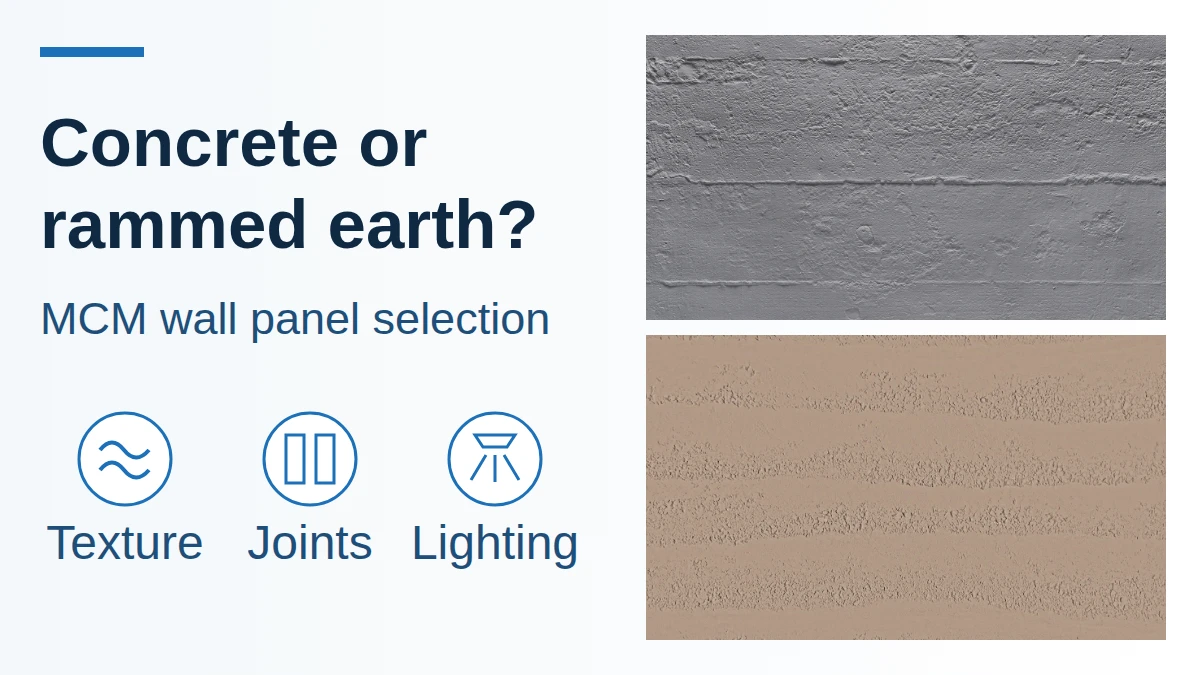 Concrete and rammed-earth catalogue textures beside texture, joint and lighting review icons