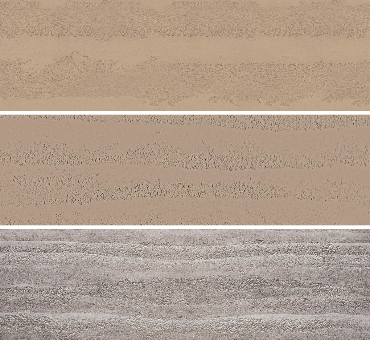 Fine Rammed Earth, Rough Rammed Earth and 3D Printed Rough Rammed Earth texture references stacked from top to bottom