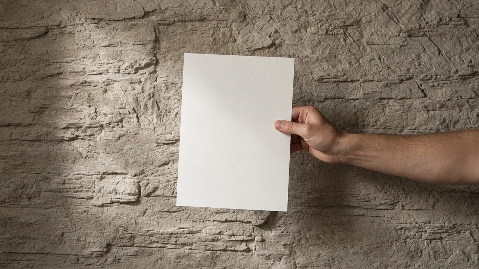 A hand holding a blank sheet in front of a textured stone wall in side light