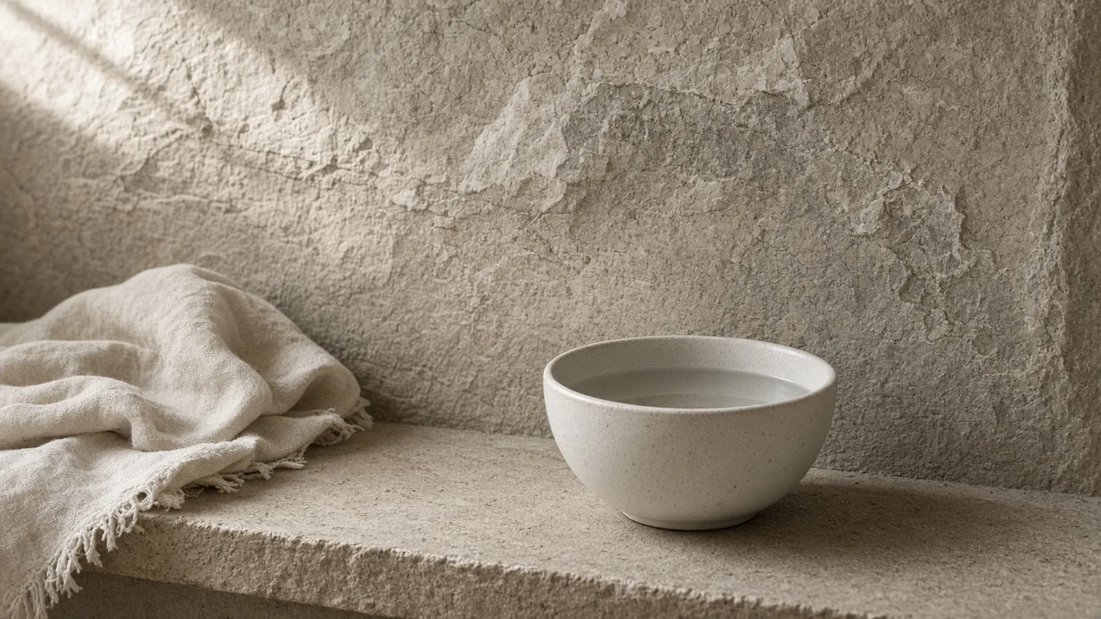 A cloth and a bowl of water on a ledge against a textured stone wall