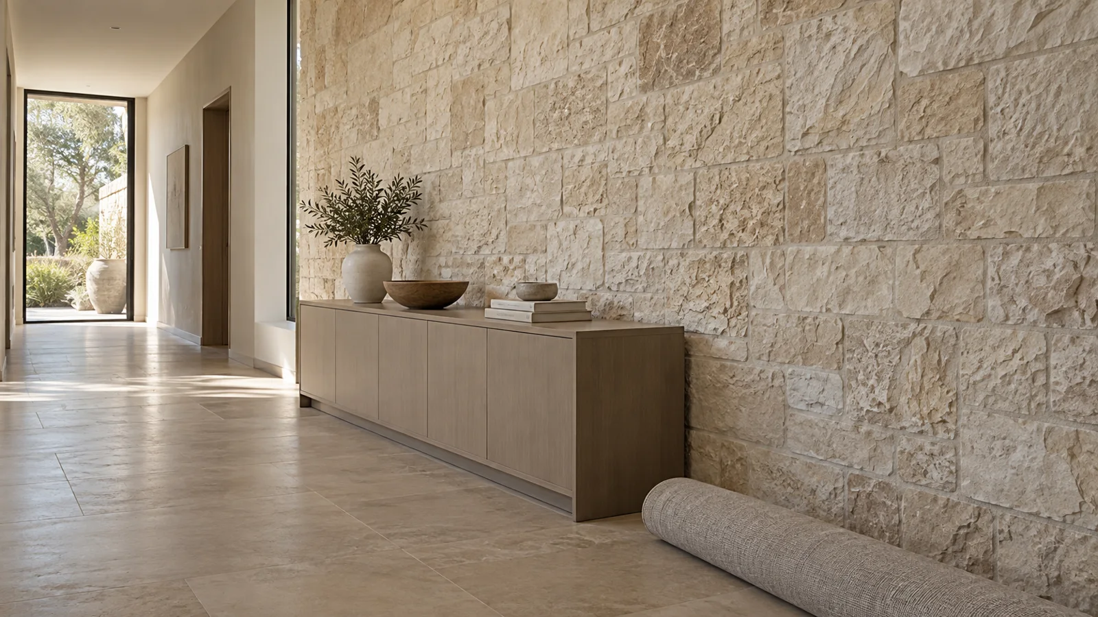 A tall textured corridor wall behind a low cabinet with a rolled floor covering nearby