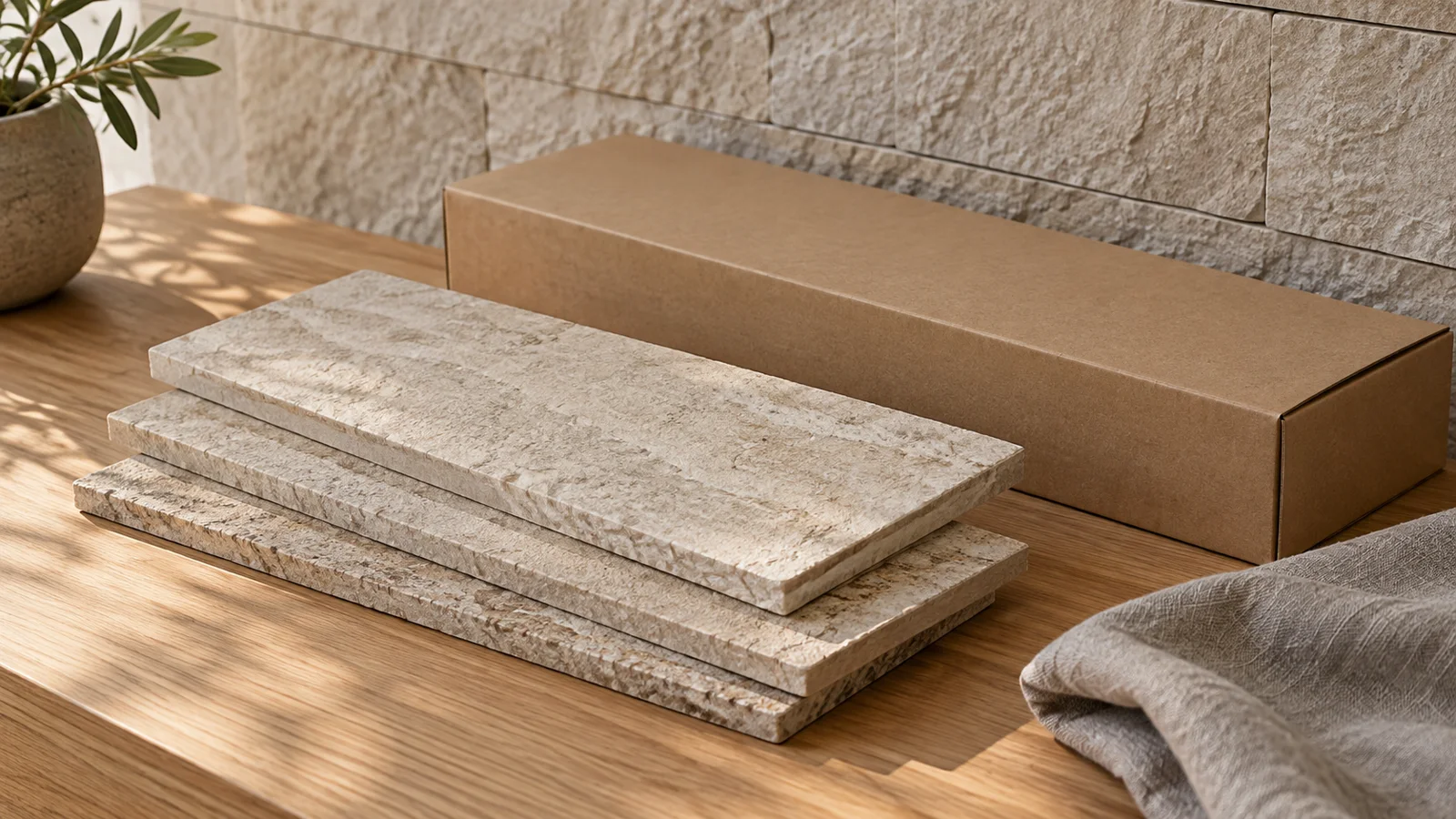 Three beige stone-look samples stacked on an oak table beside a plain cardboard sleeve