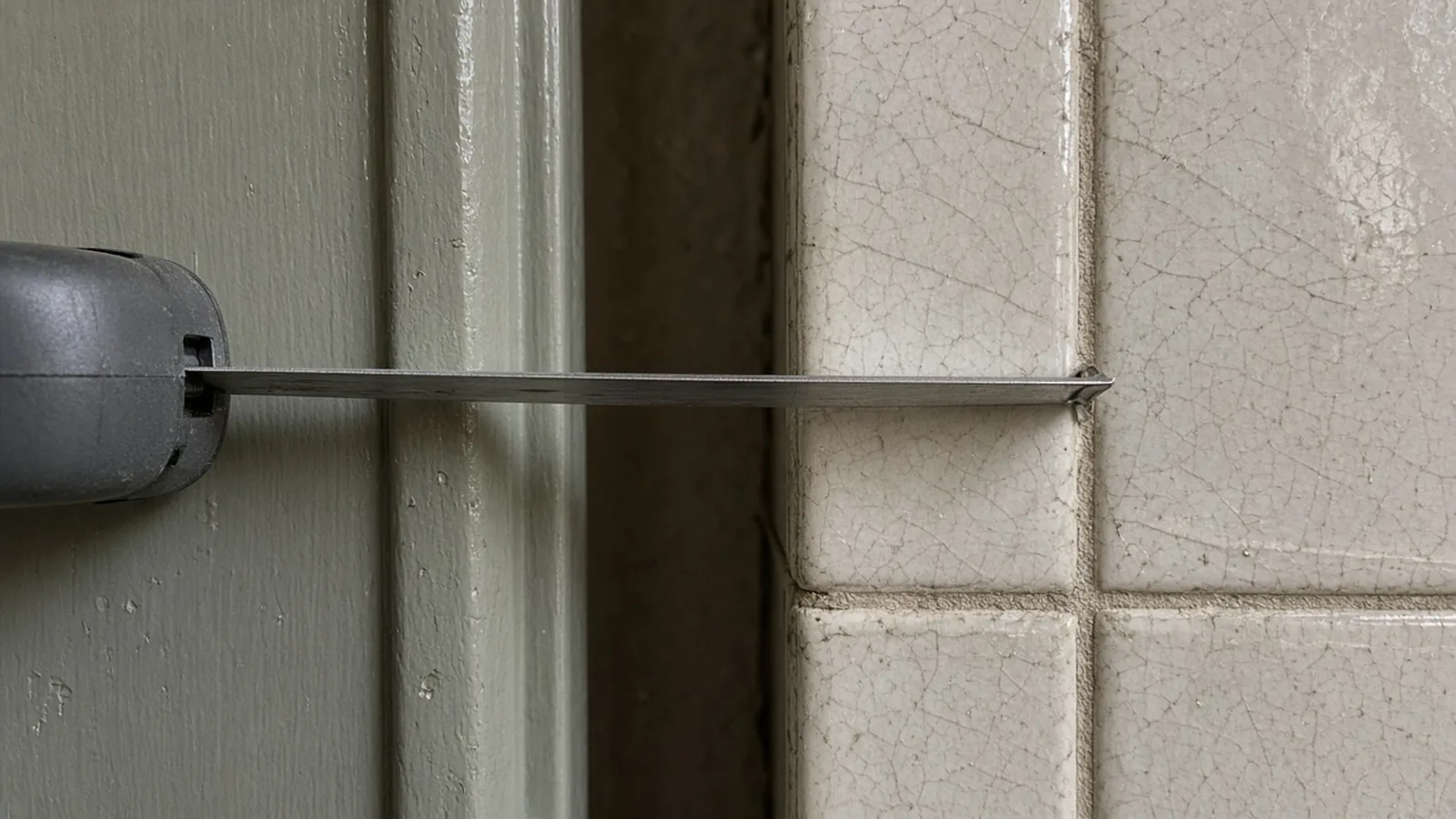 Steel tape measure auditing the available reveal depth between an existing glazed ceramic tile surface and an adjacent painted door casing before over-cladding