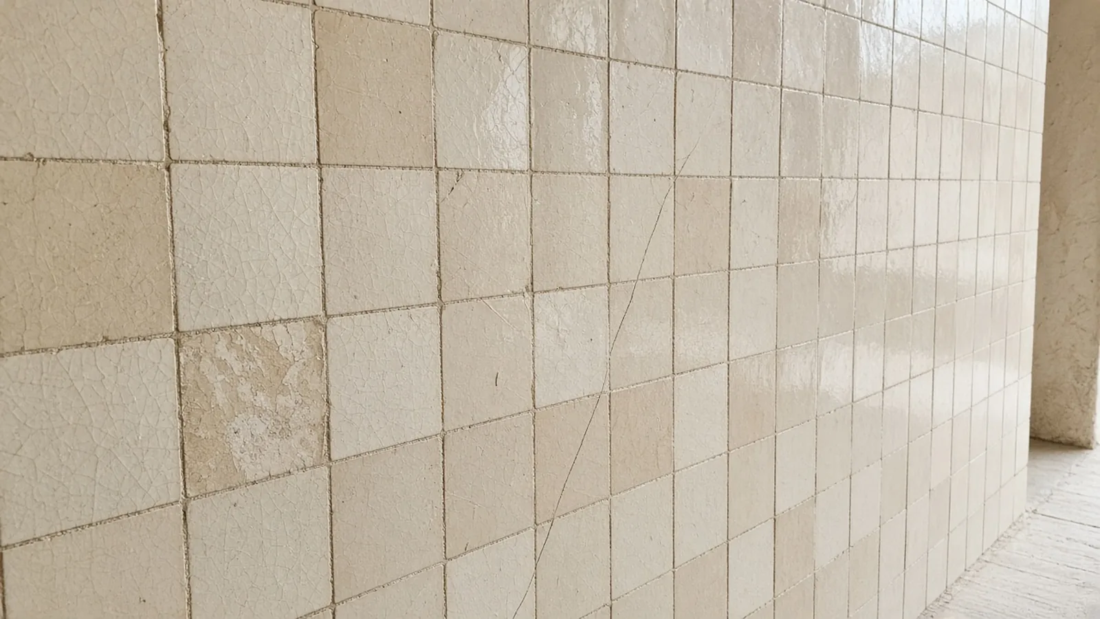 Existing glazed ceramic tile wall displaying a diagonal structural shear crack and a spalled hollow tile identified during pre-overlay acoustic tap testing