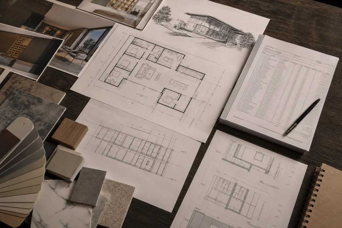 Architectural drawings, a printed schedule and material samples arranged on a desk