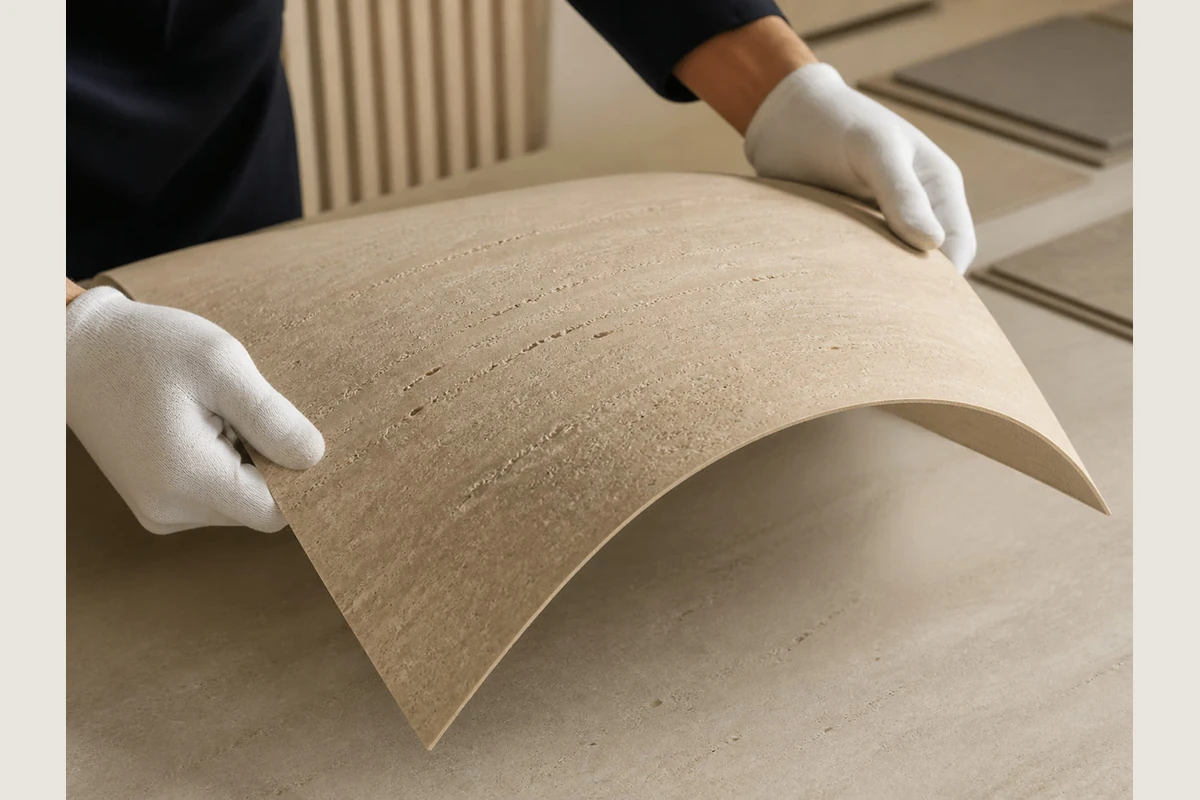 Flexible-stone sheet held with its face and curved edge visible