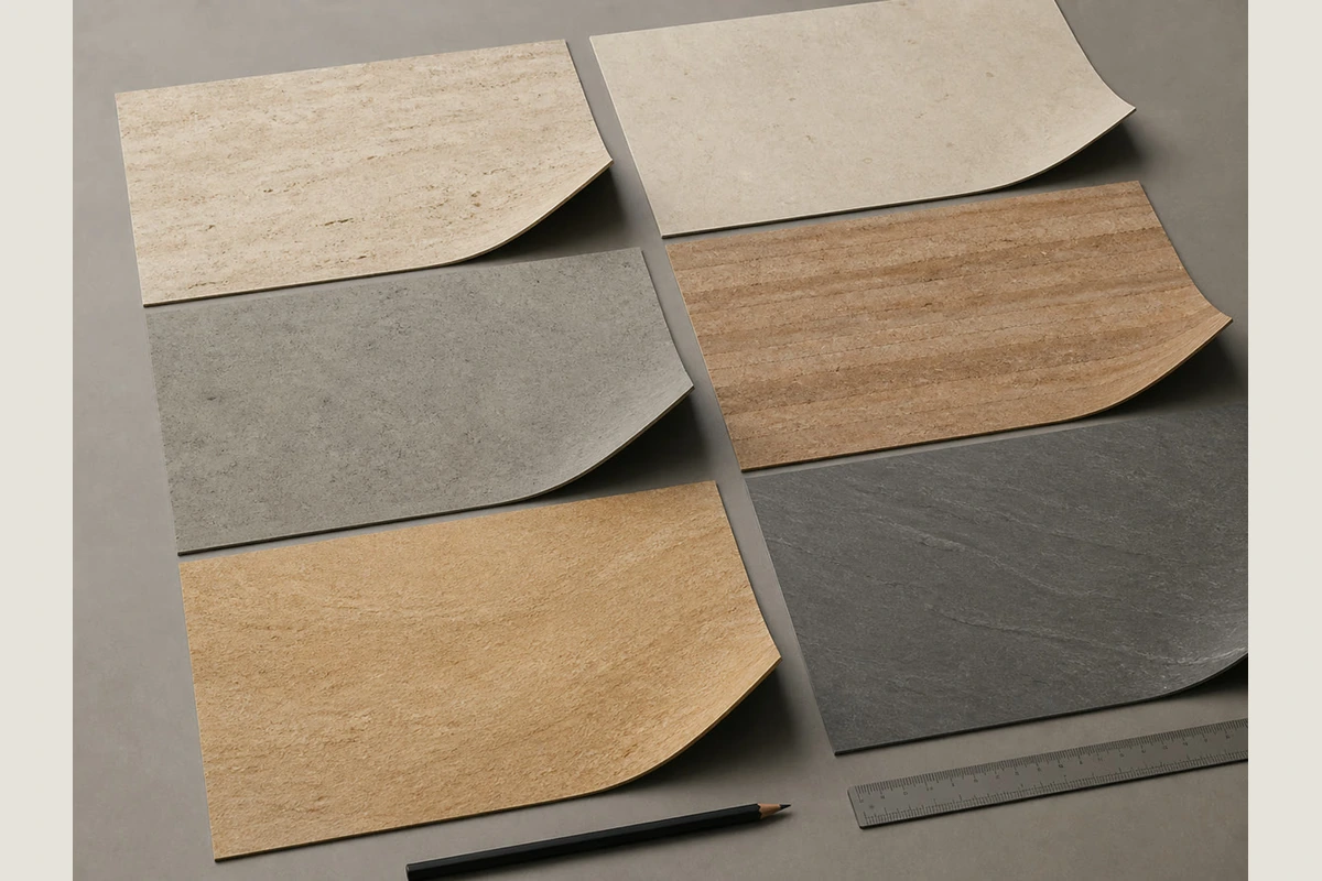 Flexible-stone samples showing different colours, textures and surface directions
